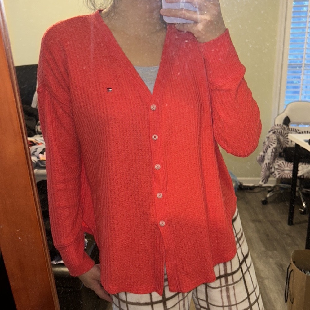 🟪Firm Price🟪 Tommy Hilfiger Tie-Hem V-Neck orange Top - Picture 6 of 17